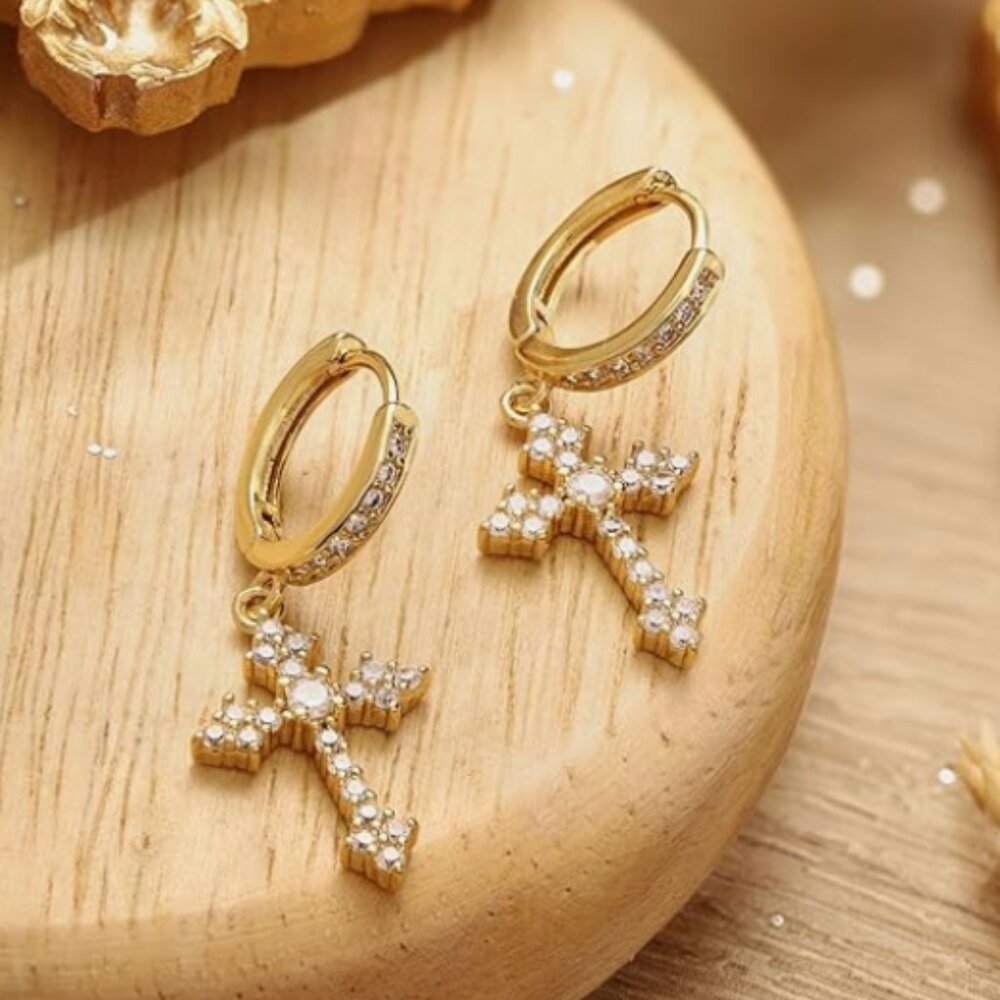Gold Rhinestone Cross Huggie Hoop Earrings